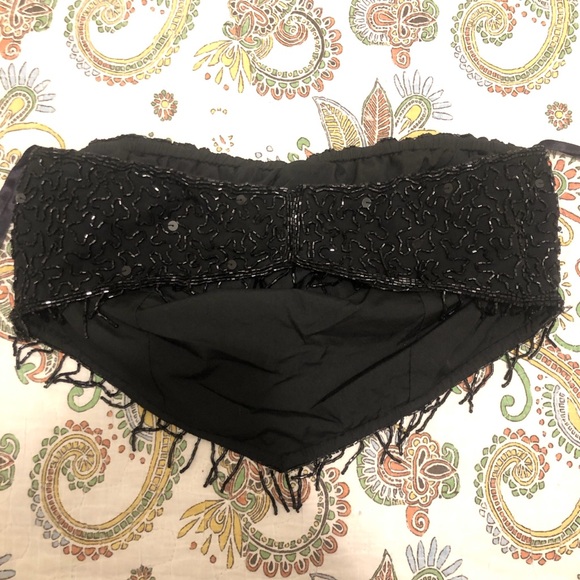 Andretti Donatello Black sequin beaded strapless bandeau top with fringe - Picture 6 of 8